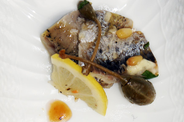 Quiche aux épinards, Coquille Saint Jacques marinées, sardines marinées